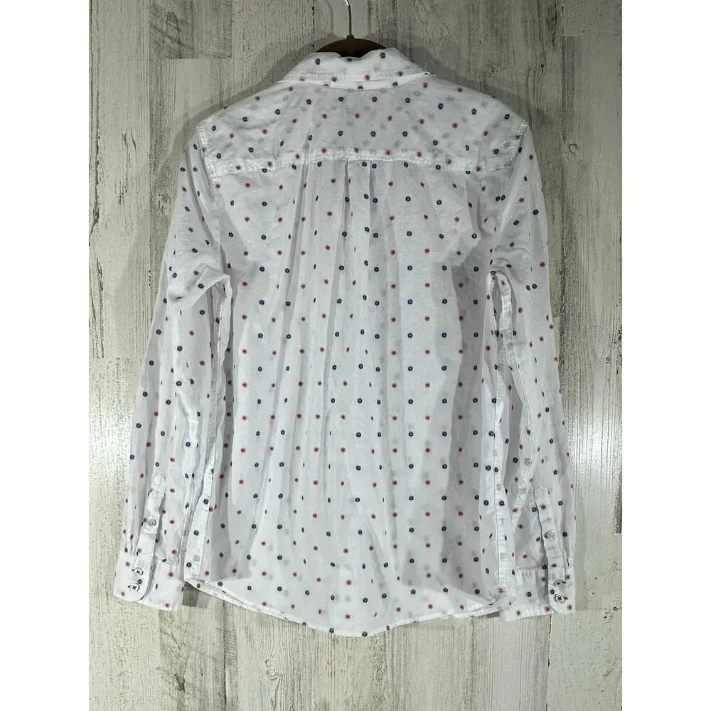 Talbots Button Up Shirt Size Medium White Pink Blue Embroidered Dots 100% Cotton